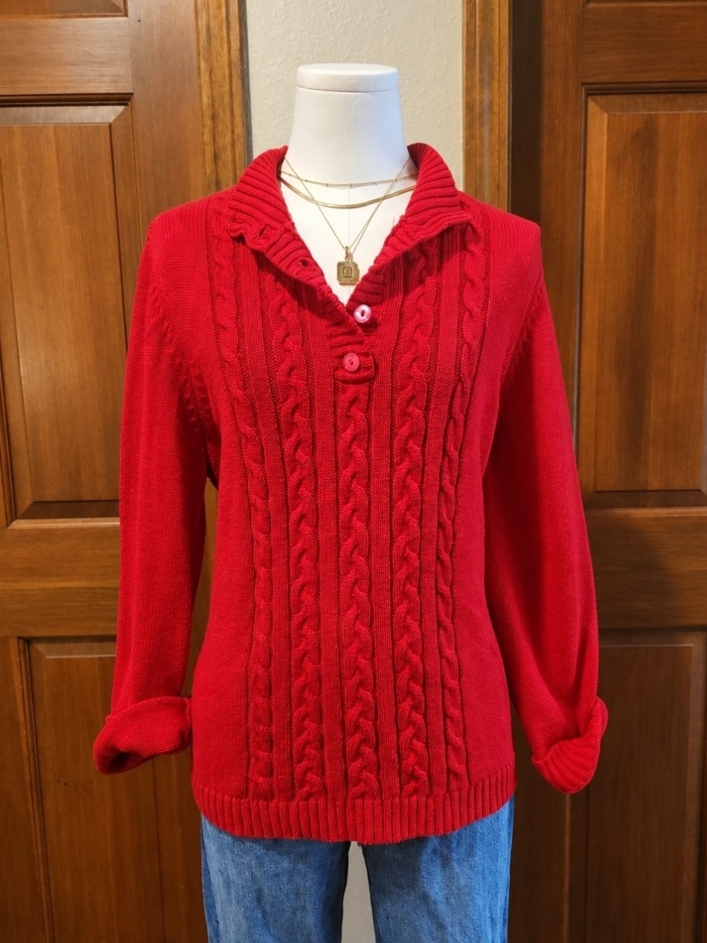 Christopher & Banks Bright Red Cable-Knit Cowl Sweater